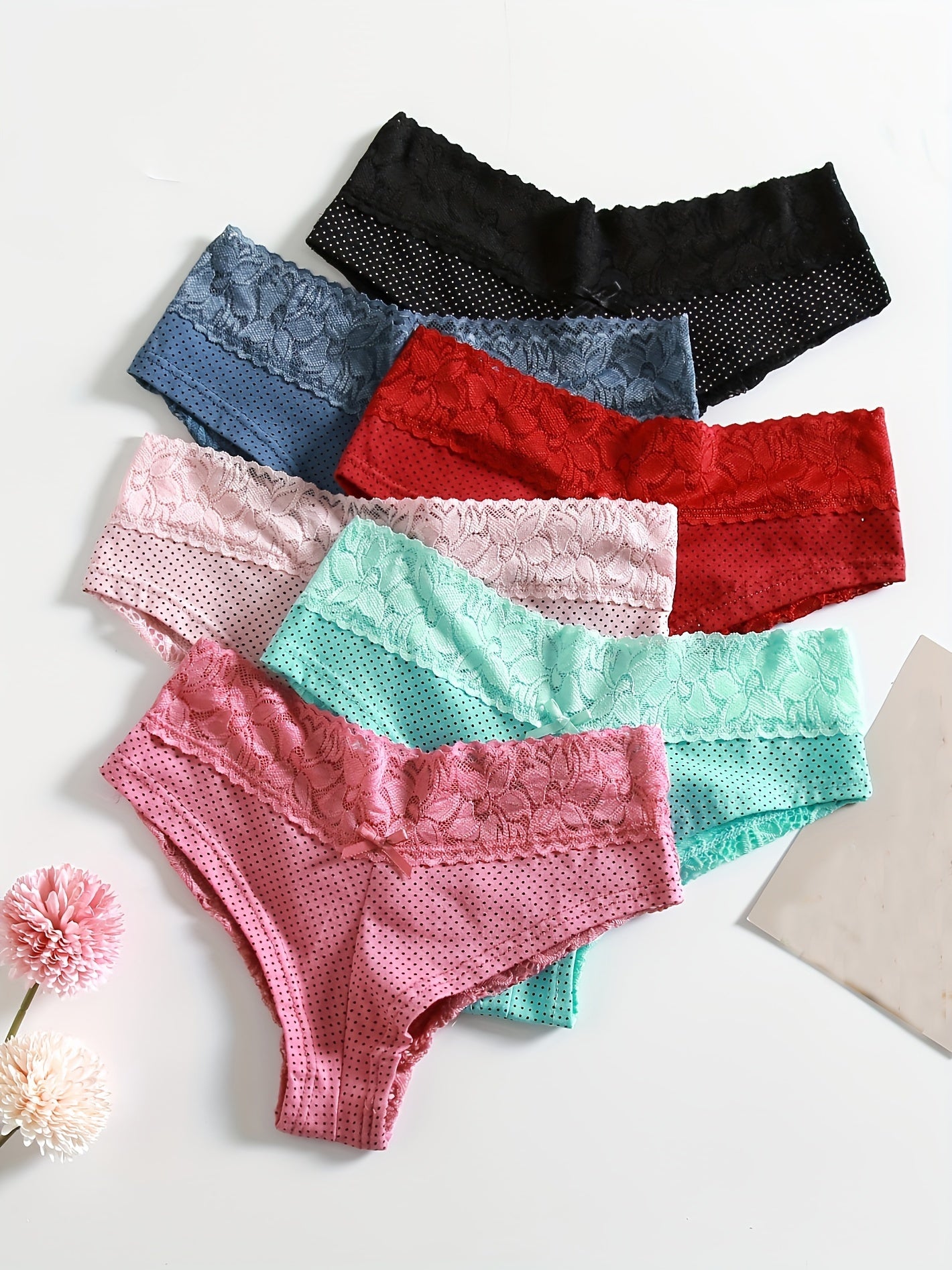 6pcs Polka Dot Pattern Trendy Panties, Comfortable Contrasting Lace Panties, Women's Panties